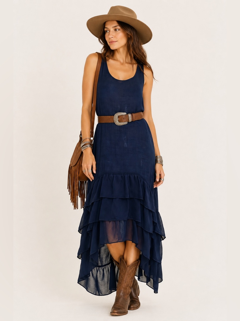 Stetson Sheer Ruffle Hem High Low Maxi Dress Blue Medium